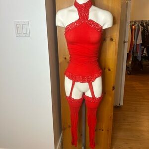Gorgeous Dreamgirl Red Lace one piece top and stockings ❤️0/S